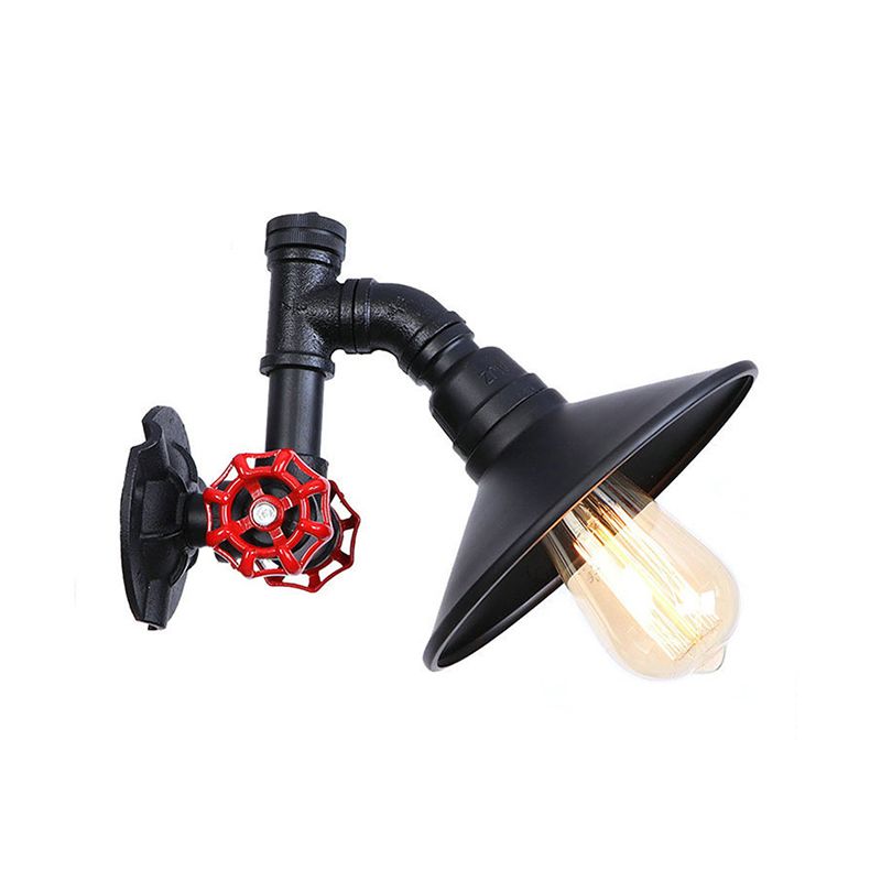 Iron Black Finish Wall Lamp Plumbing Pipe 1 Bulb Rustic Industrial Wall Mount Light with Flat Shade and Red Valve