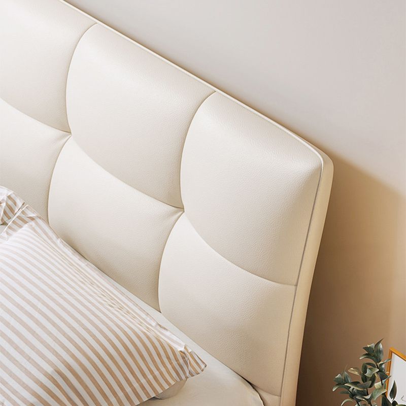 Glam White Upholstered Tufted Bed Frame Genuine Leather Panel Bed