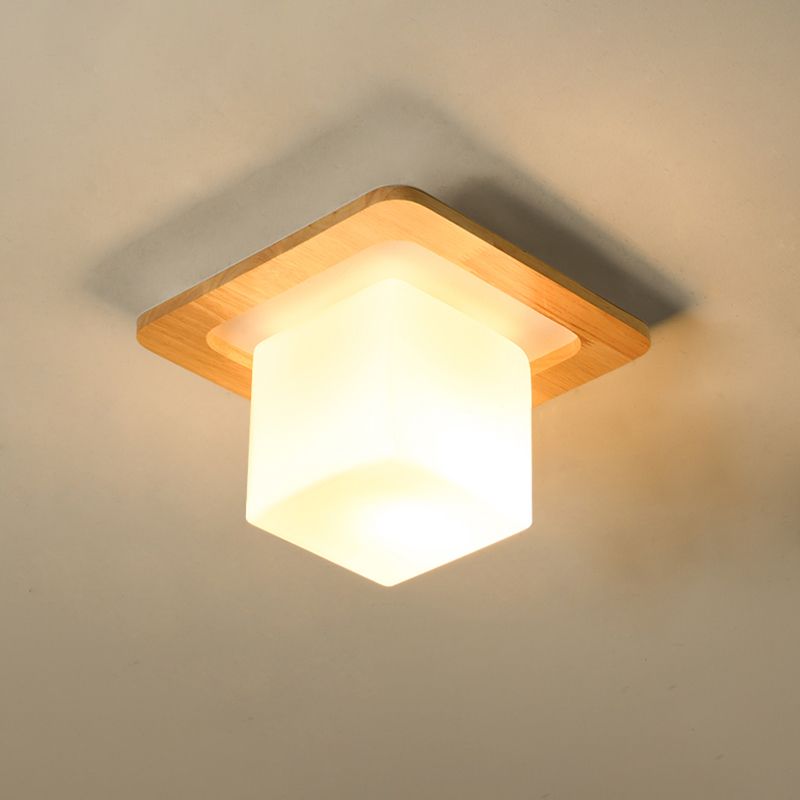 Modern Geometric Flush Mount Frosted White Glass 1-Light Corridor Flushmount Ceiling Light with Wooden Canopy