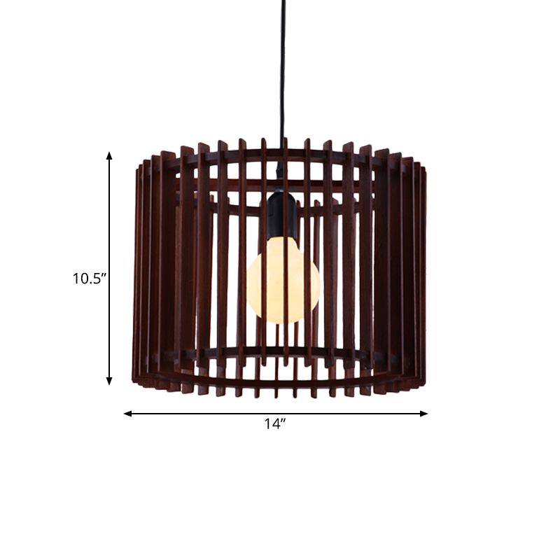 Brown 1 Light Hanging Lamp Kit Classic Wood Cylinder Cage Pendant Lighting Fixture