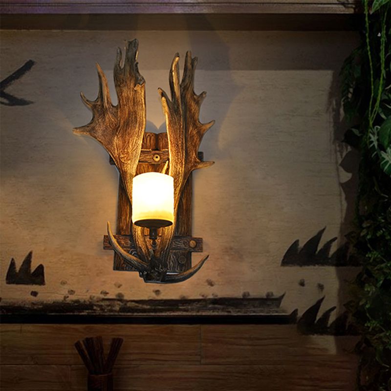 1 Light Resin Wall Lamp Rustic Wood Antler Dining Room Sconce Light Fixture with Frosted Glass Shade