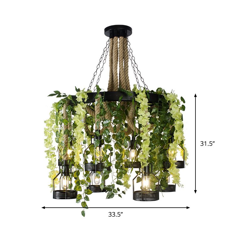 Púrpura/Green Flower Chandelier Vintage Cáñes de cáñamo 8 cabezas Restaurante de iluminación con jaula de metal