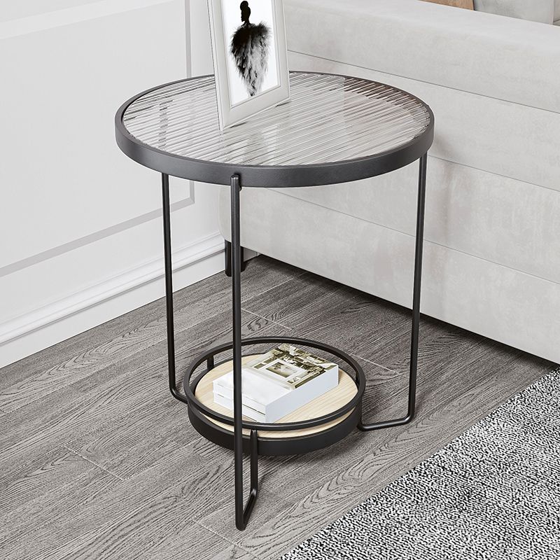 23.6" Tall Round Glass Top Side Table Iron Frame Base End Table with Shelf
