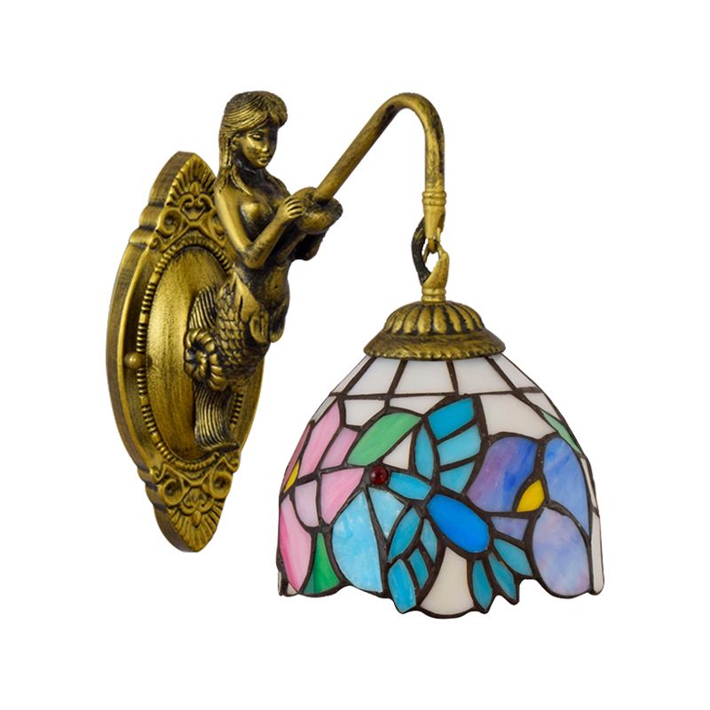 Blue-Pink Bowl Sconce Light Tiffany 1 Head Multicolor Stained Glass Wall Mounted Light