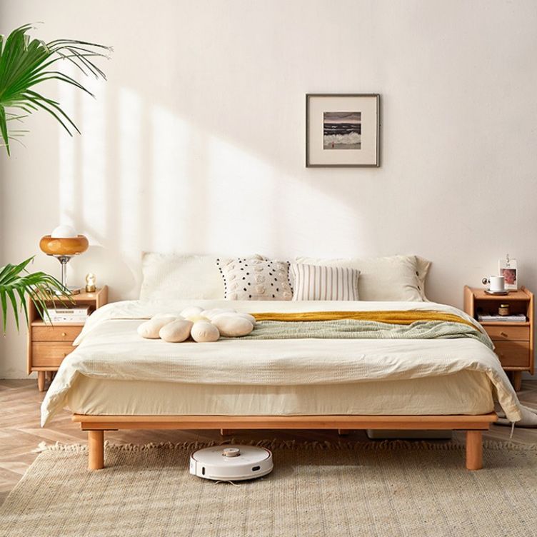 Solid Wood Platform Bed Scandinavian Low Profile Bed Frame in Brown