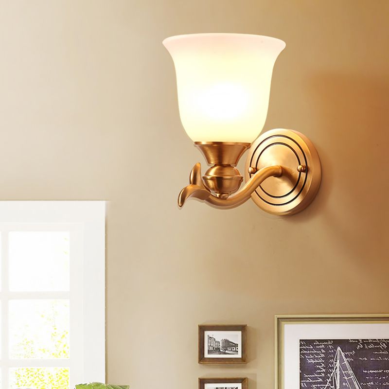 Brass Finish 1/2-Head Wall Lamp Modern Stylish White Glass Flared Shade Wall Sconce Fixture for Bedroom