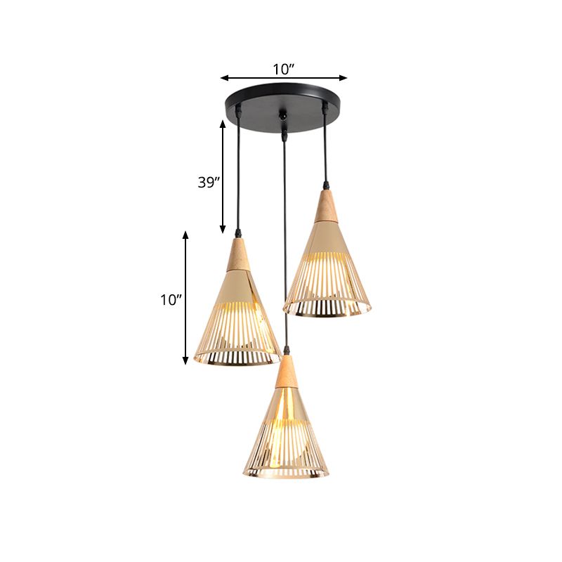 Deep Cone Cage Pendant Lighting Modern Wooden 3-Light Gold Multi Light Ceiling Light