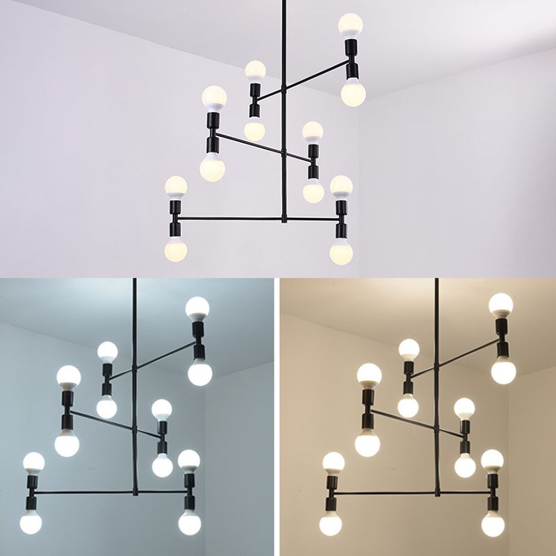 Postmodern 3-Arm Chandelier Metallic 12-Bulb Living Room Hanging Lamp with Shadeless Design