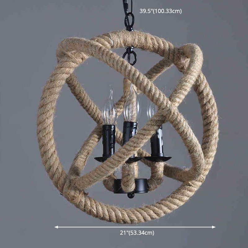 Globe Metal Pendant Lighting Industrial 3 Lights Hemp Rope  Chandelier Hanging Light Fixture in Black