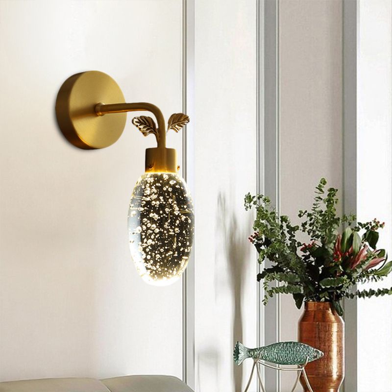 LED Wall Sconce Lighting Fixture Modern Oval Clear Seeded Crystal Bedroom Wall Light in Gold with Leaf Design