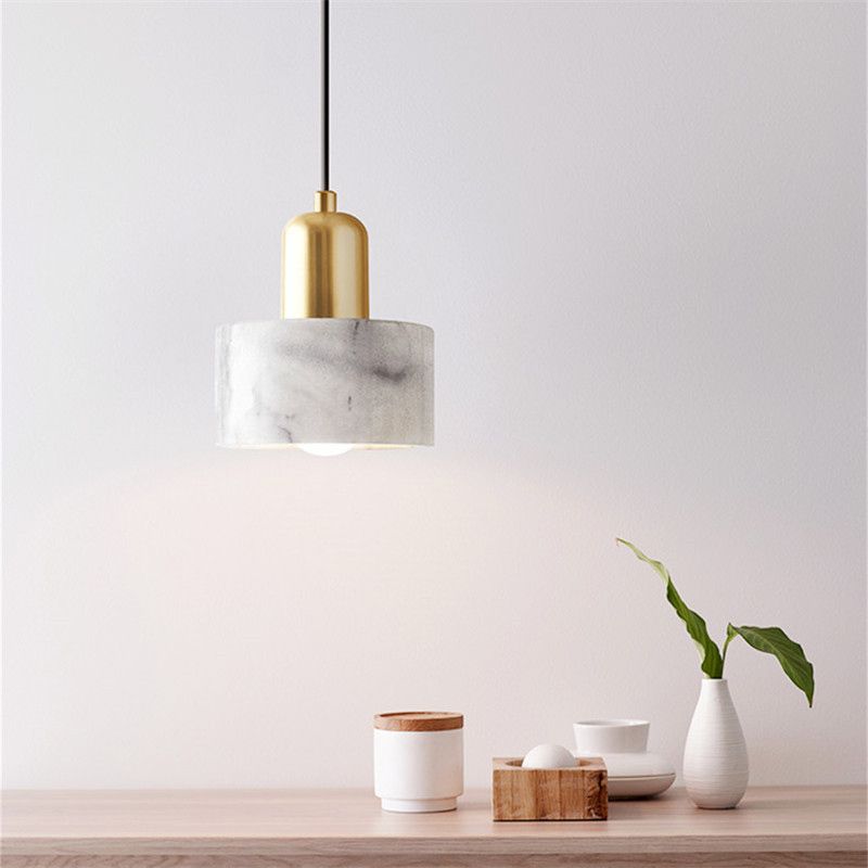 Drum Shade Marble Ceiling Light Minimalistic 1-Light White Hanging Pendant Light for Bedroom