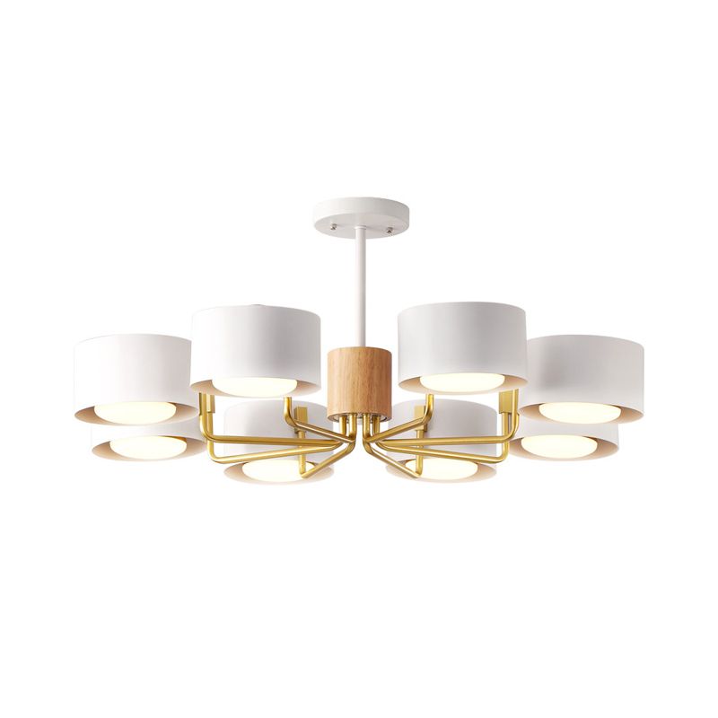 8 Heads Living Room Chandelier Modernist Grey/Green/White Finish Radial Pendant Light with Drum Iron Shade