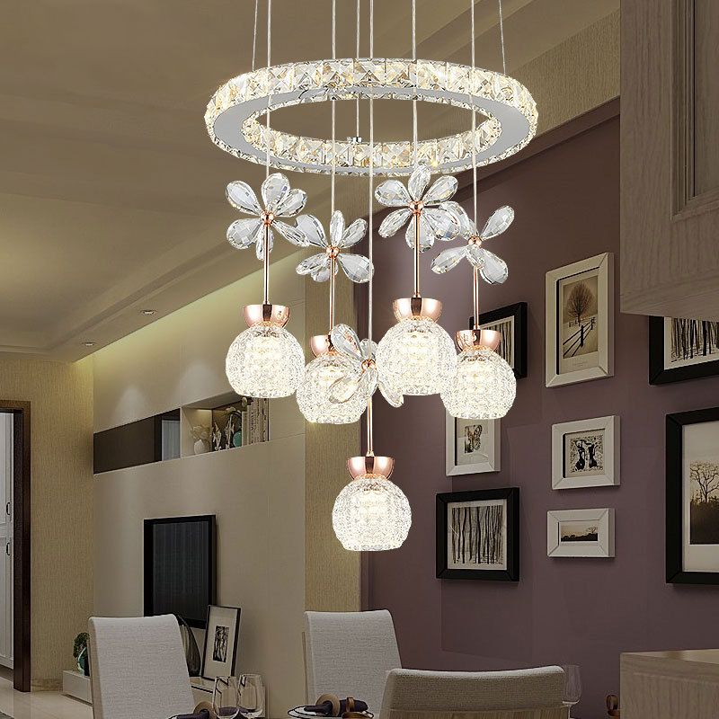 Chrome LED Hanging Lighting Modernist Clear Beveled Crystal Dome and Ring Pendulum Lamp with Flower Design