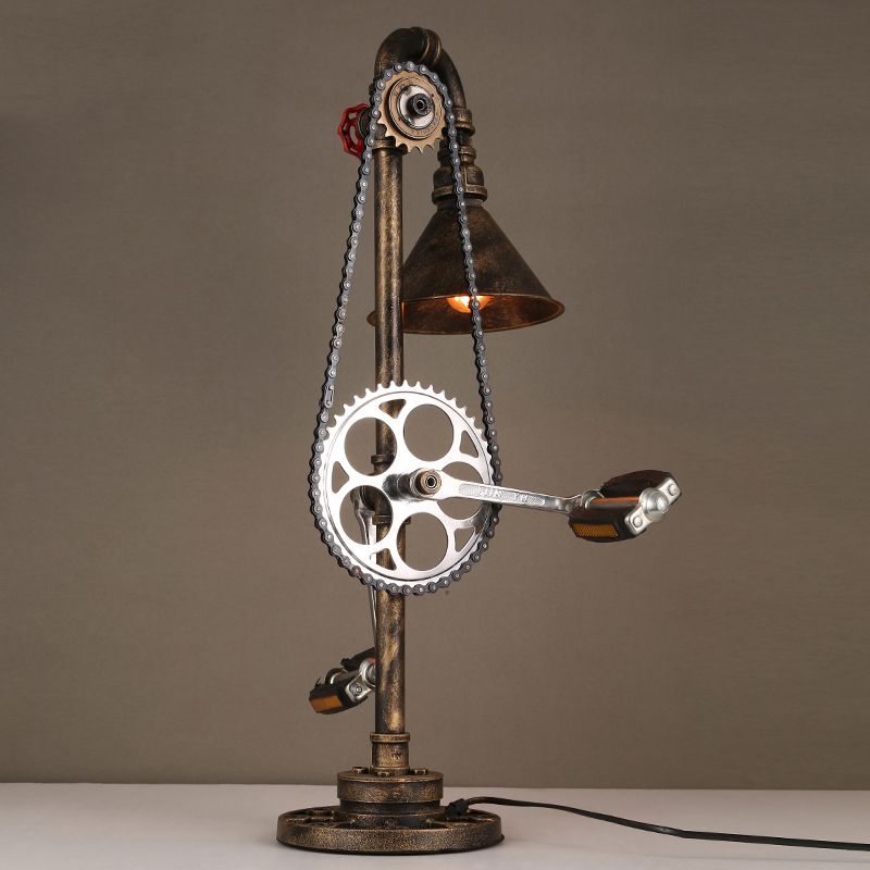 Éclairage de table conique à steampunk avec conception de vélo 1 lampe de table en fer forgé de bulbe en laiton pour le salon