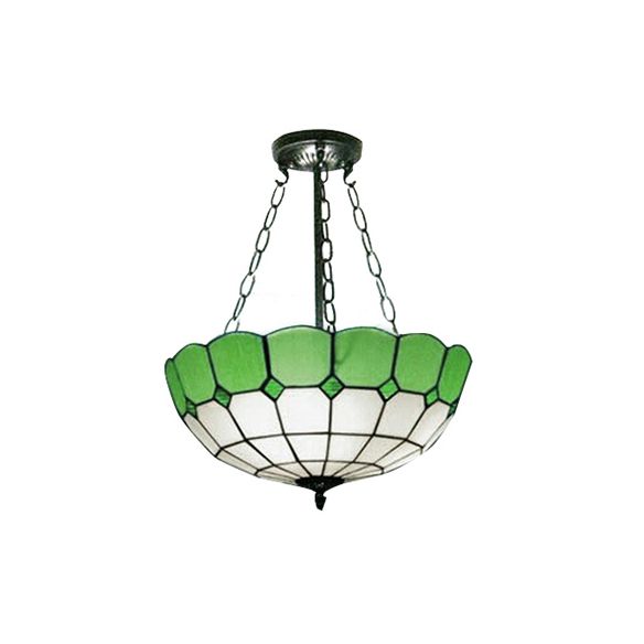Lodge Bowl Semi Flush Light Stained Glass 2/3 Lights Semi Flush Ceiling Fixture with Chain in Green