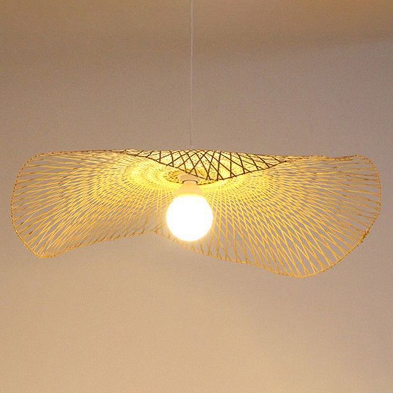 Bamboo Hat Hanging Light Fixture Asia Style Beige Suspension Pendant Light for Restaurant