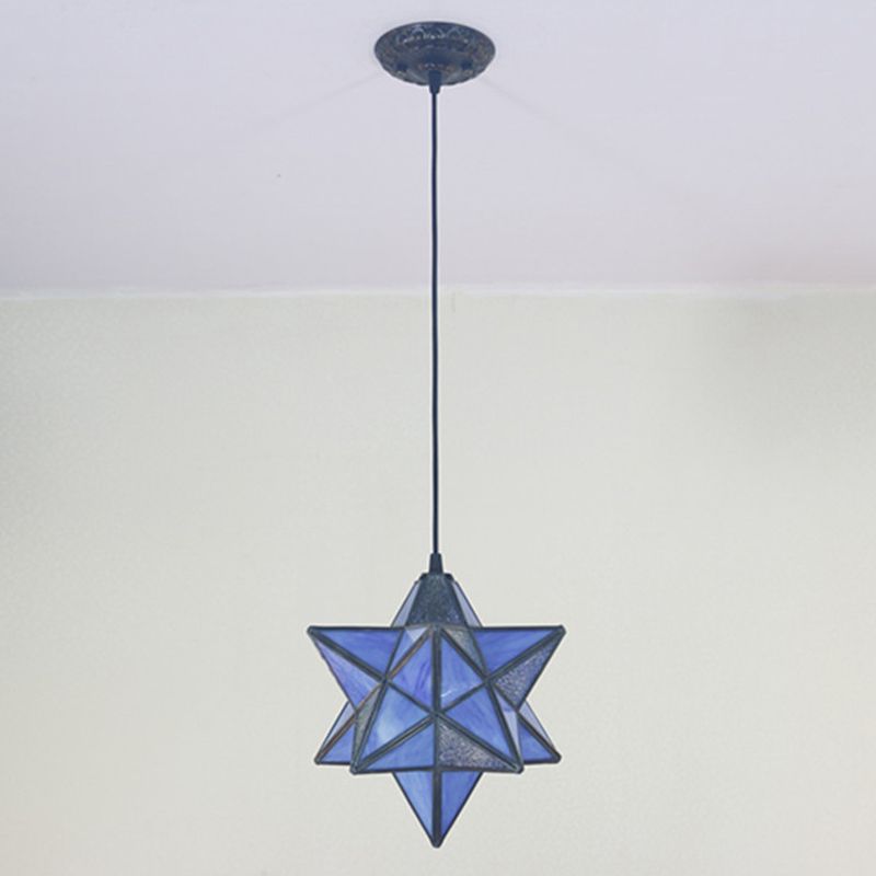Tiffany Star Shade Pendant Lamp 1 Light Stained Glass Suspension Lighting for Bedroom