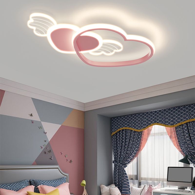 Metal Heart Shape Flush Ceiling Light Modern Style 4 Lights Flush Mount Lighting in Pink