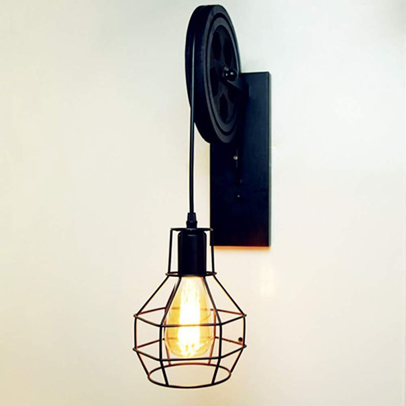 Spherical Wire Cage Foyer Wall Light Rustic Iron 1-Light Bedroom Wall Mount Lamp with Pulley