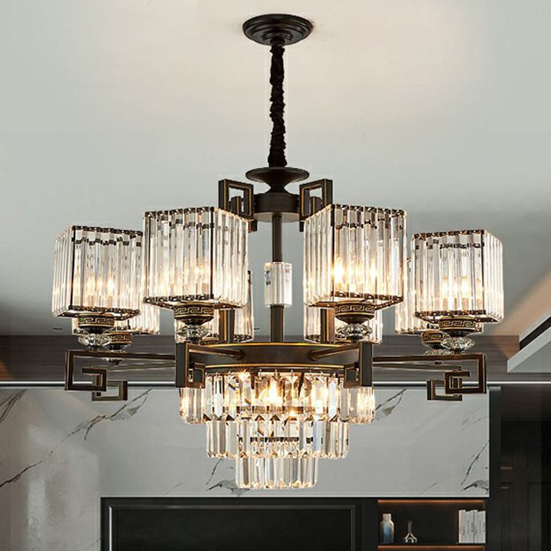Vintage Square Chandelier Light Prismatic Crystal Ceiling Suspension Lamp in Black