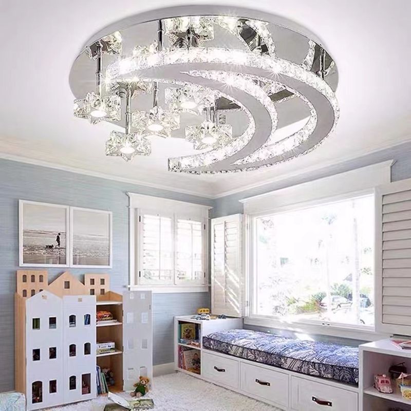 Ringed Shape Semi Flush Mount Modern Style Crystal Flush Ceiling Light in Silver