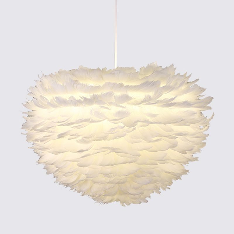 Romantic Heart Shaped Hanging Light, Feather Shade Single-Bulb Pendant Lighting in White for Bedroom