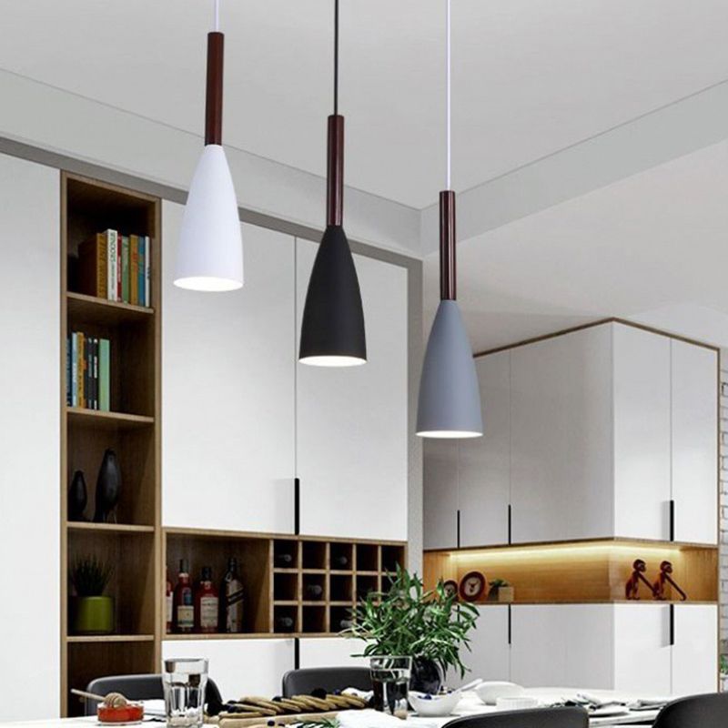 Modern Concise Macaron Pendant Light Wooden Cone Hanging Lamp with Wrought Iron Shade