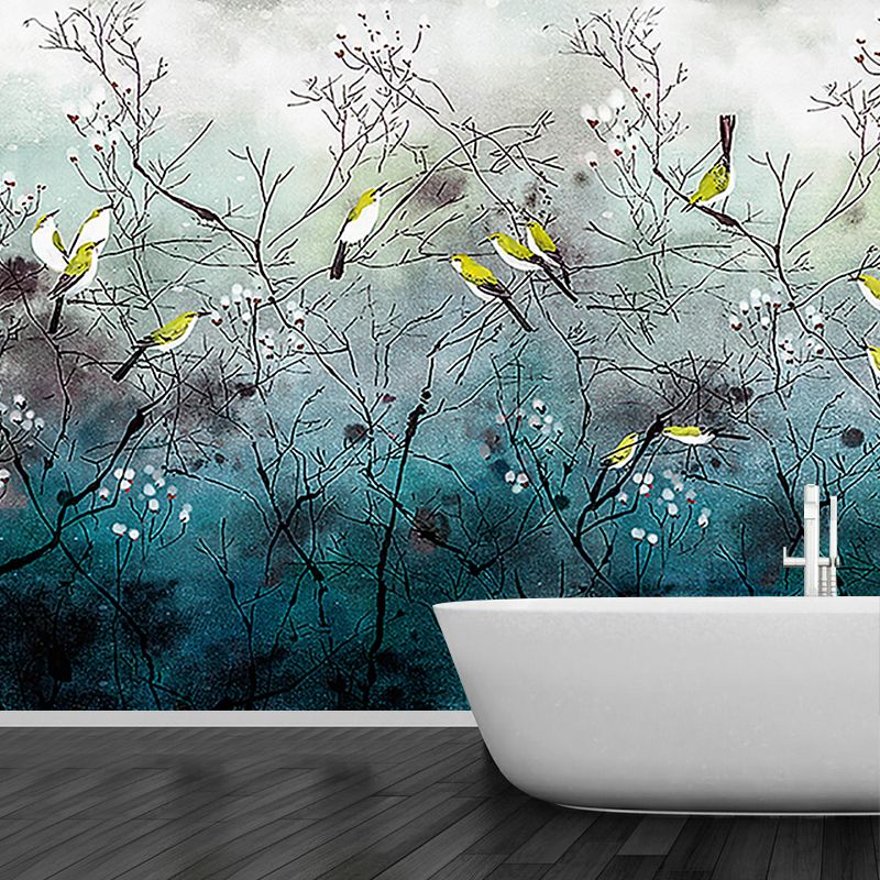 Illustration Bird on Branches Mural Large Wall Decor for Living Room, Made to Measure