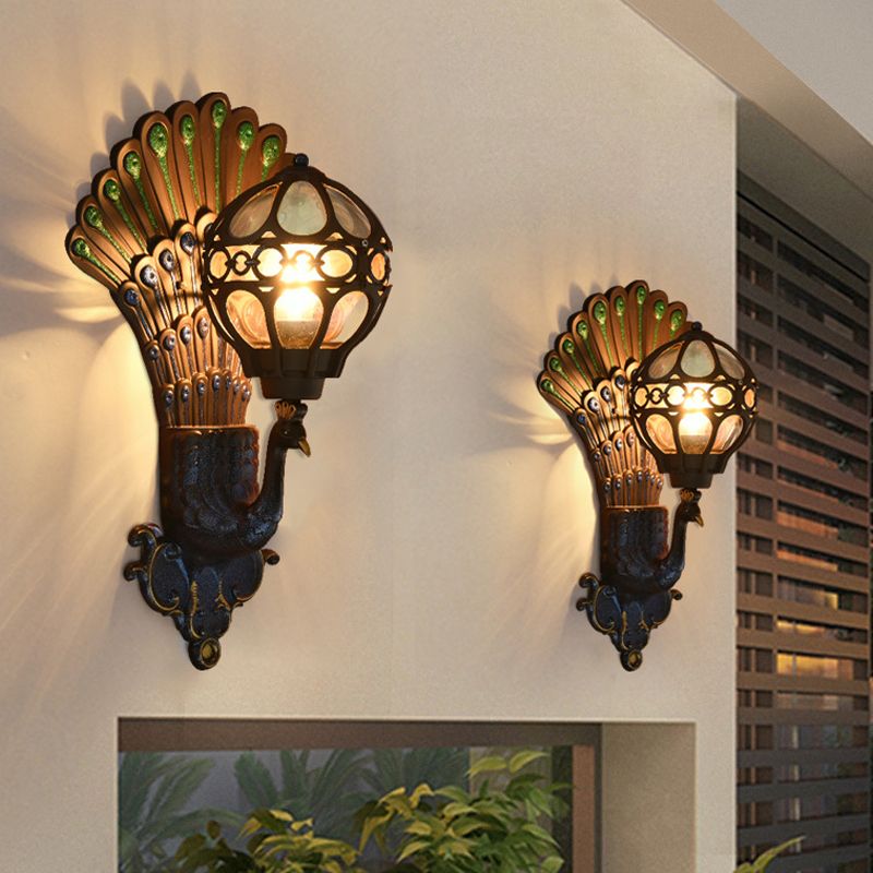 Clear Glass Sphere Wall Light Classic 1 Head Courtyard Wall Lighting Fixture with Peacock Backplate in Black