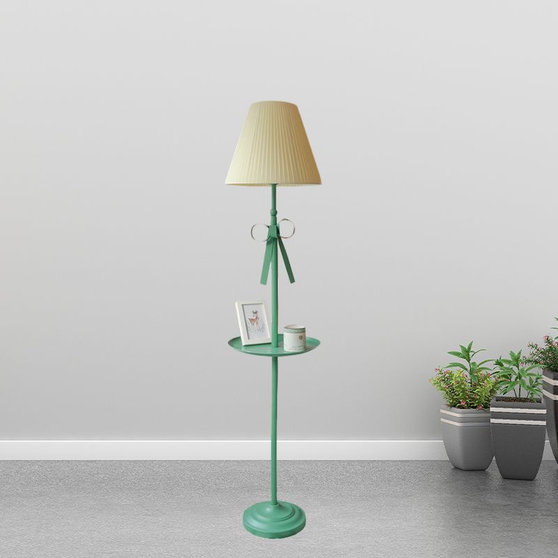 Ribbon Floor Standing Lamp Kids Iron Single Green Floor Light with Beige/Pink Pleated Shade