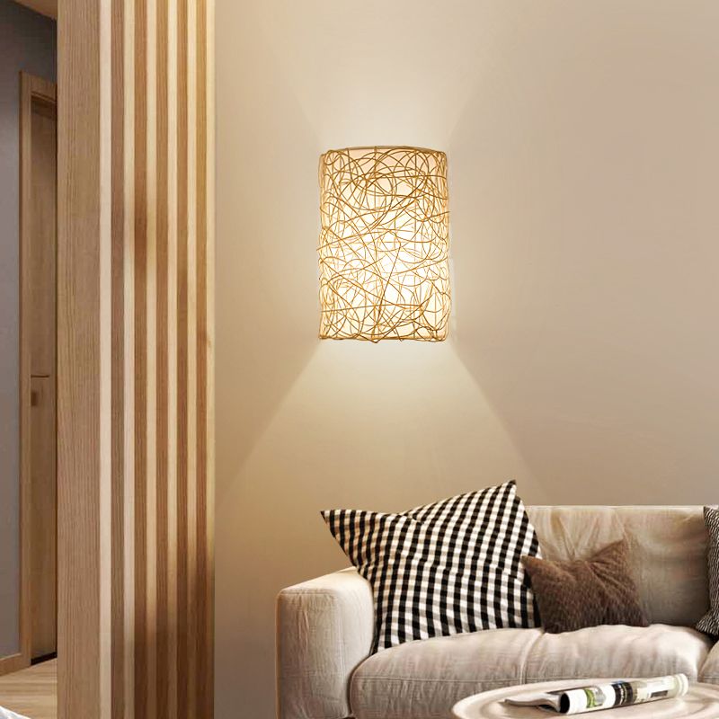 Rattan Half Cylinder Wall Lamp Nordic Style Single Wall Light Fixture for Corridor