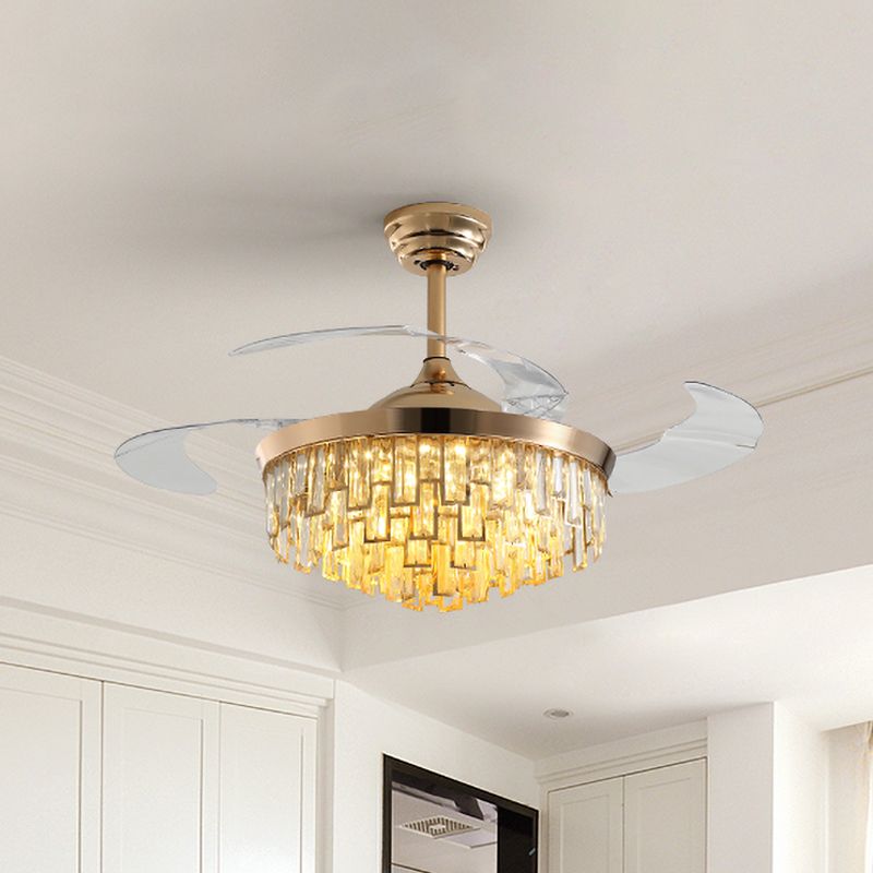 Multi-Layer-Kristall-Rechteck-Halbflush postmoderne 3-Blatt-Esszimmer LED-Deckenlüftungsleuchte in Gold, 42 "Breite