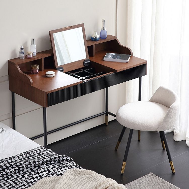 Contemporary Flip Single Wood Vanity with Padded Stool Lighted Mirror Vanity Desk