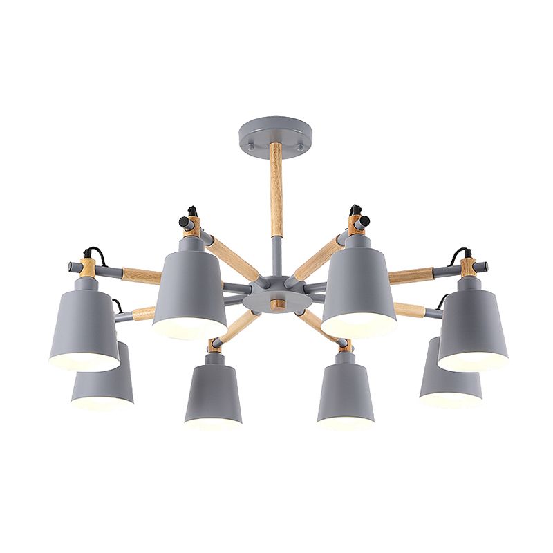 8 Bulbs Living Room Chandelier Macaron Wood Pendant Light with Tapered Metal Shade