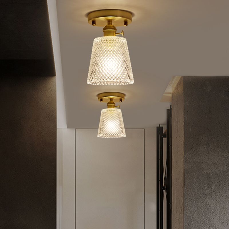 Gold Tapered Semi Flush Mount Minimalist Prismatic Glass 1 Head Corridor Ceiling Mounted Light
