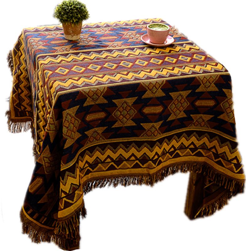 Boho Seamless Print Rug Turmeric Cotton Carpet Machine Wash Rug with Tassel Trim for Room