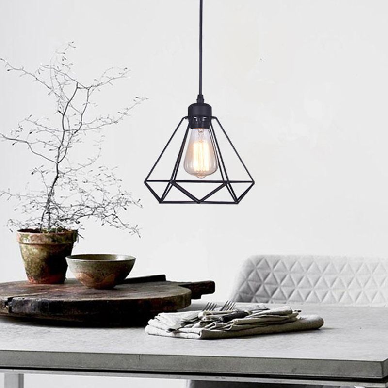 Black Diamond Cage Pendant Lamp Retro Iron 1 Head Bedroom Suspension Light Fixture