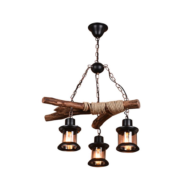 Plafond à 3 bulbs avec ombre lanterne Verre transparent vintage salle à manger pendante lustre en noir