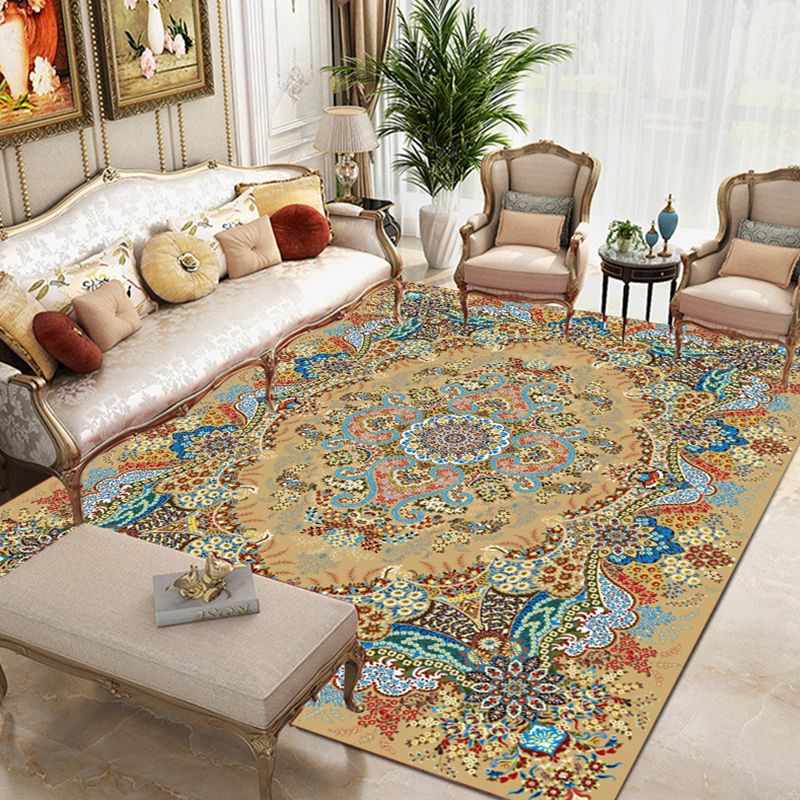 Moroccan Polyester Rug Retro Medallion Print Carpet Stain Resistant Area Carpet for Home Decor