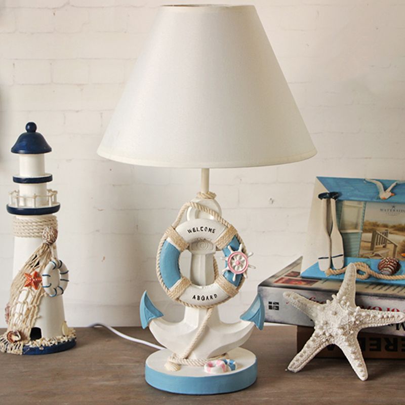 Light/Dark Blue Anchor Resin Nightstand Light Mediterranean 1-Bulb Fabric Night Table Lamp for Bedroom