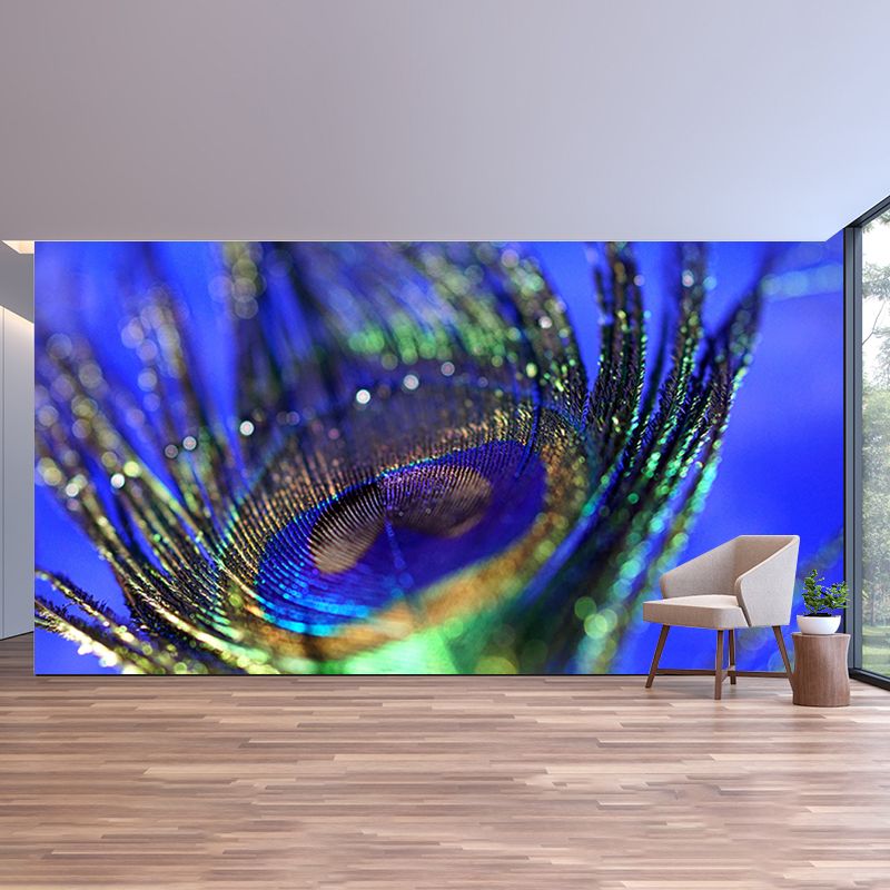 Photography Peacock Feather Mural Wallpaper Moisture Resistant for Sitting Room