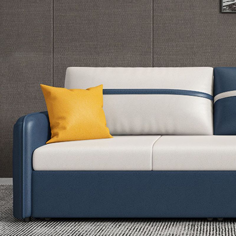 Square Arm Contemporary Convertible Faux Leather Couch Bed with 2 Pillows