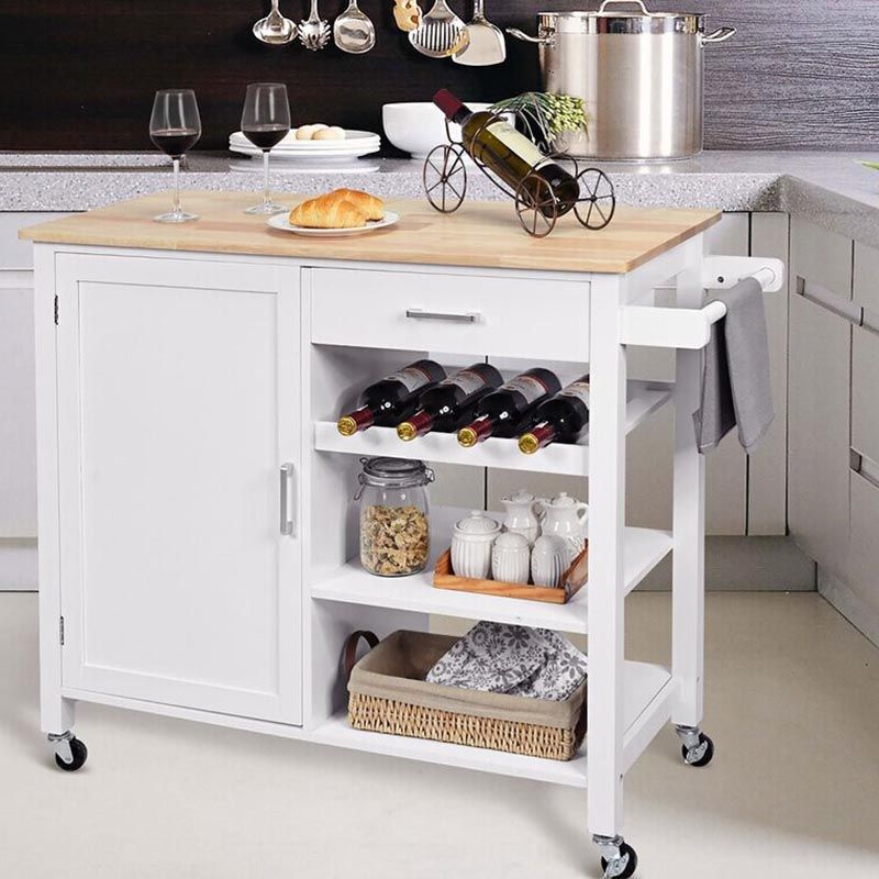 Modern Rolling Kitchen Cart Wood Rectangular Kitchen Island Cart with Towel Rack