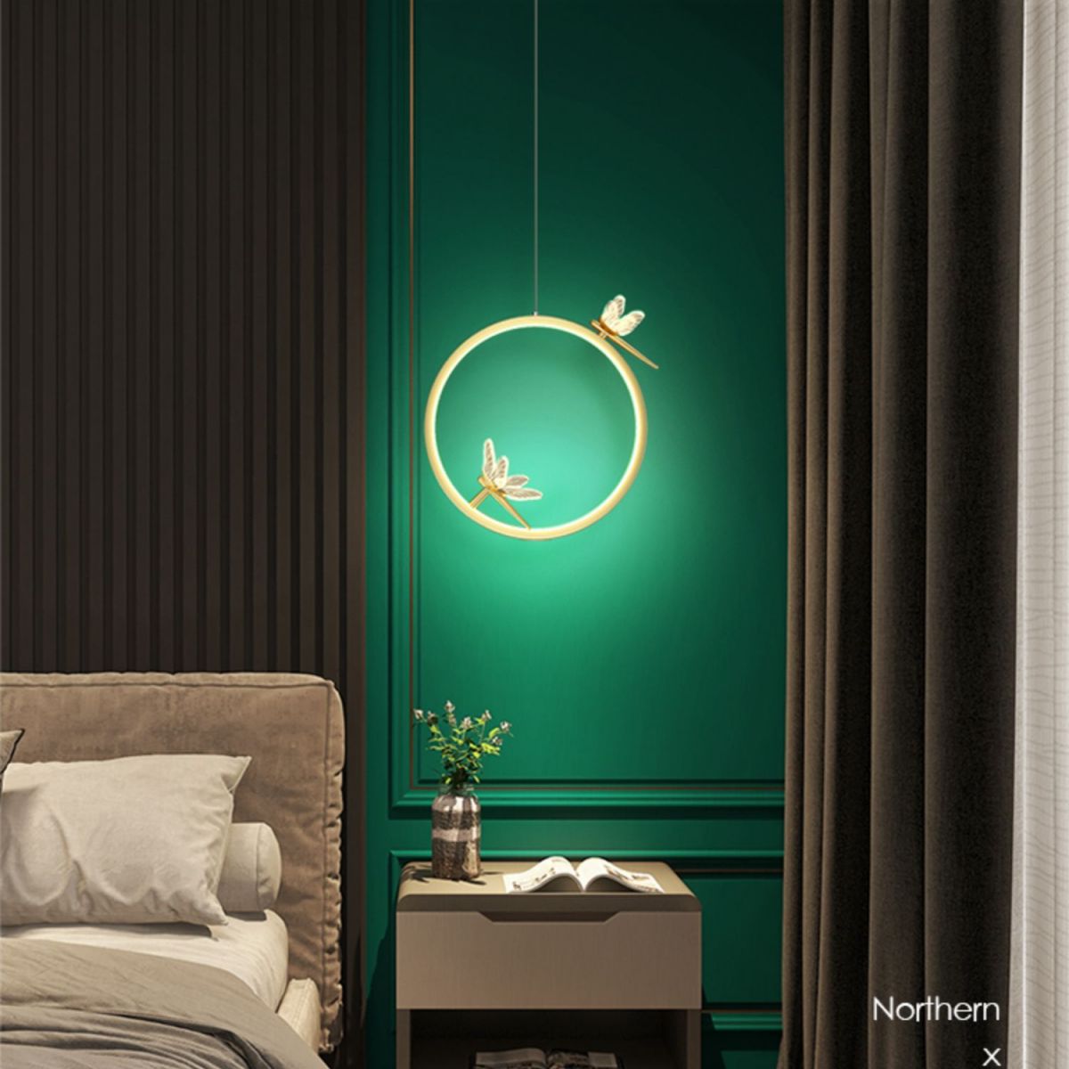 Metal Circle Hanging Pendant Light Modern LED Pendant Ceiling Light with Dragonfly Decor