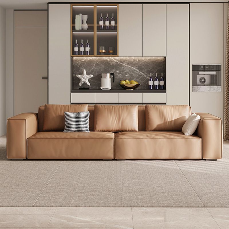 Brown Genuine Leather Square Arm Sofa Modern Style for Bonus Room