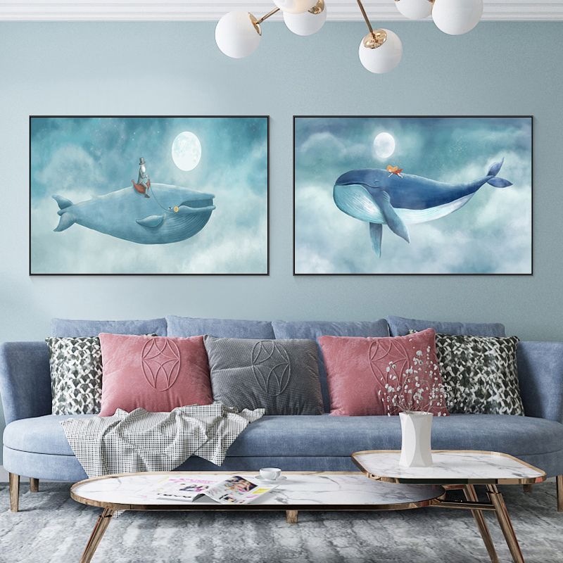 Cartoon Children Wall Art Moon and People on the Whale Pastel Color Canvas Print