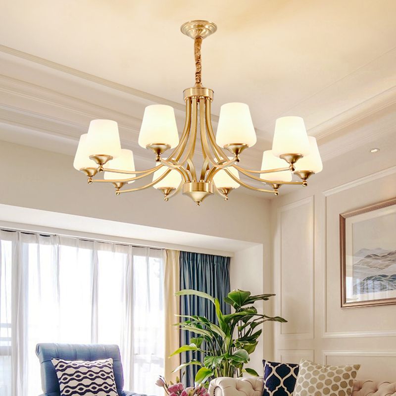Multi-Head Hanging Light Fixtures Traditional Brass Chandelier Lamp with White Glass Shade