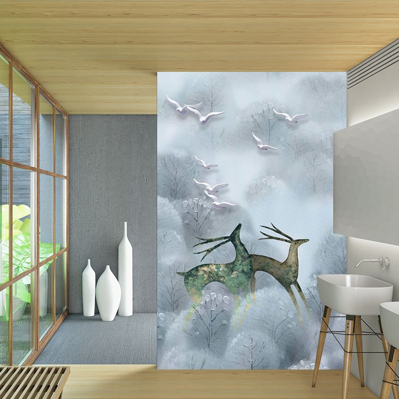 Large Scandinavian Wall Murals Grey and Blue Deers in Foggy Bushes Wall Decor, Customized Size