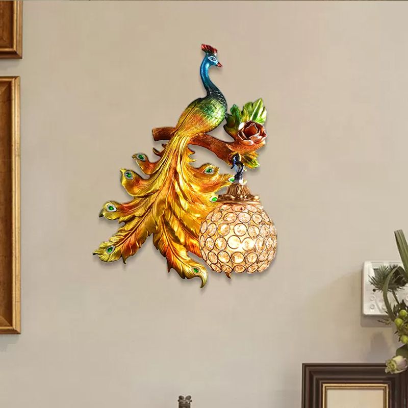 Paacock Bedroom Wall Lightture Country Resin 1 Green clair / Gol Gold Ponce avec Orb Crystal Shade, Gauche / Droite