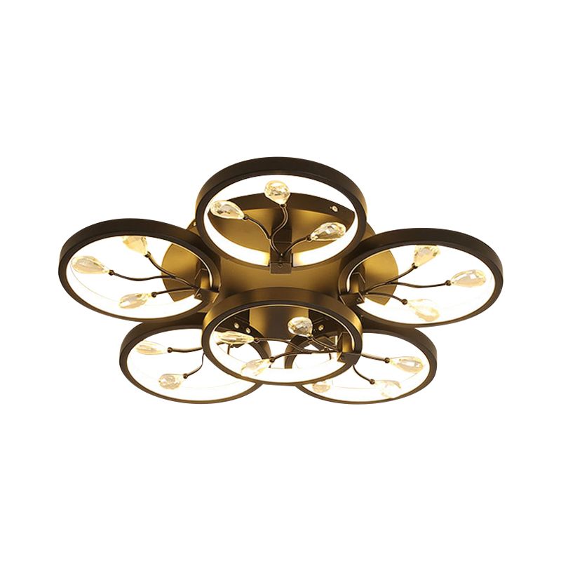 Gocce di pioggia di cristallo semi -filo nero a filo fiore a LED contemporaneo montato a soffitto in luce bianca/calda